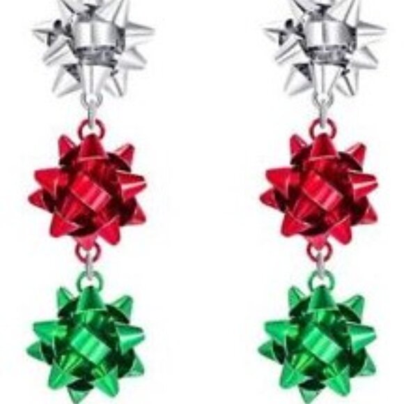 NEW HOLIDAY GIFT BOWS TIER METAL EARRINGS RED GREEN SILVER - Picture 1 of 8